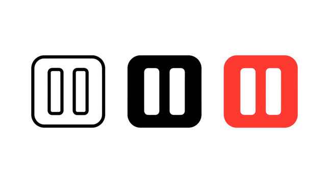 Set of pause button vector icons with outline, solid black, and red style variations