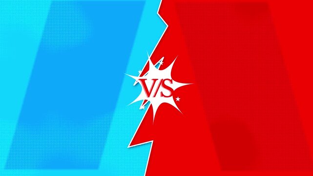A high energy versus layout divides bright cyan and red sides with comic burst in the center. team contests, rankings, reviews, election debates, before after edits, gaming streams competitive intros.