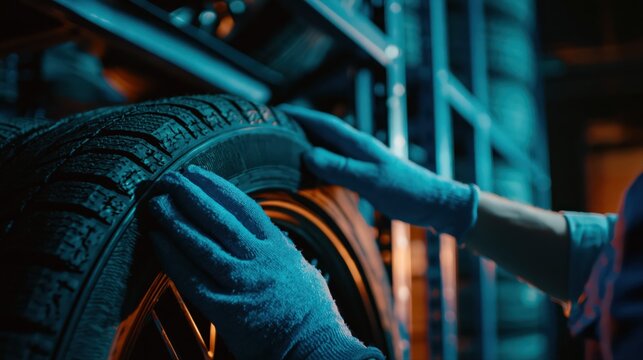 A gloved mechanic inspects a detailed car tire tread in a moody automotive workshop. Cool industrial lighting and high-contrast textures emphasize professional service.
