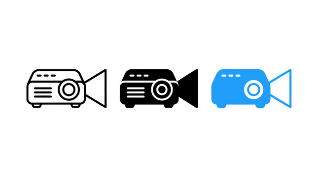 Set of multimedia video projector vector icons in outline glyph and solid styles