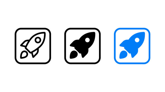 Minimalist rocket ship icon set in outline solid and blue color vector illustration