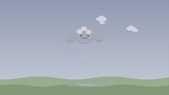 Animated cartoon cloud with smiling face and rainbow in a bright sky scene