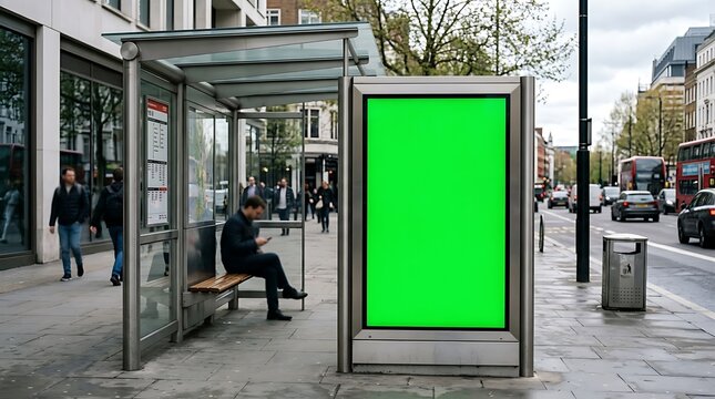 Empty green screen bus stop advertisement display in urban street setting with copy space