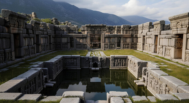 Reflective water basin enclosed by carved stone walls and ancient ruins with mountain backdrop