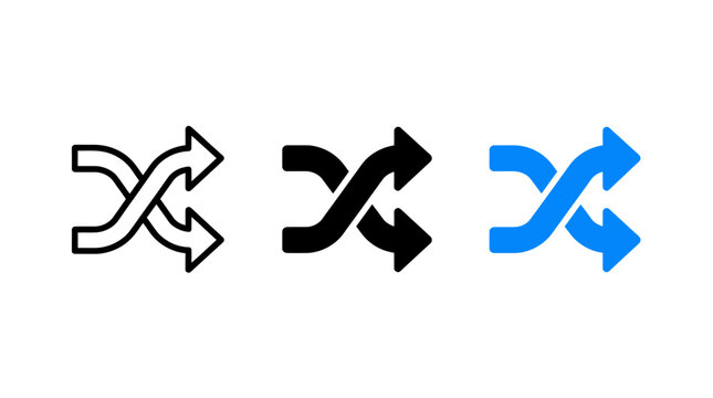 Shuffle icon design variants with crossover arrows in outline black and blue style