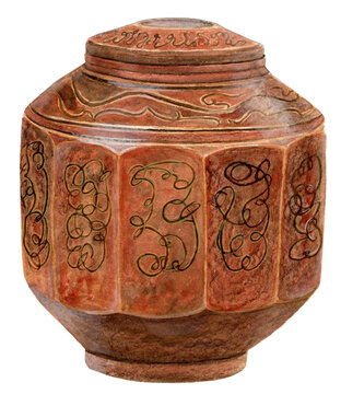 Korean Joseon dynasty brown glazed stoneware honey jar with lid, Korea (1800&ndash;1900 AD). Faceted earthenware storage pot with incised scroll patterns, late folk art. Artwork.