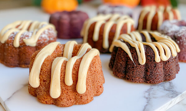 Mini bundt cake dessert icing glaze baked sweet homemade pastry snack gourmet Mini bundt cake dessert with icing glaze marble serving board, baked sweet homemade pastry snack gourmet treat