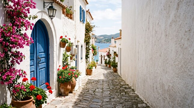 Whitewashed village alley with blue arched door, bougainvillea and terracotta pots, Mediterranean style travel destination