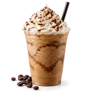 Iced coffee frappe with whipped cream and chocolate drizzle, blended mocha milkshake in plastic cup, cold espresso beverage with coffee beans