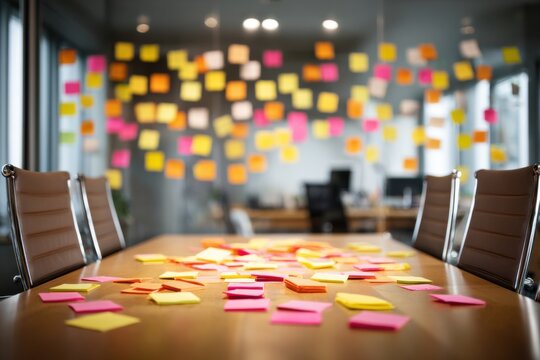 Post it notes scattered on conference table create colorful brainstorming scene. Office environment has blurred background with more notes on wall and modern chairs
