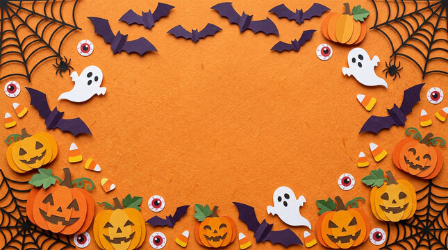Halloween border frame with pumpkins ghosts bats and spider webs on orange