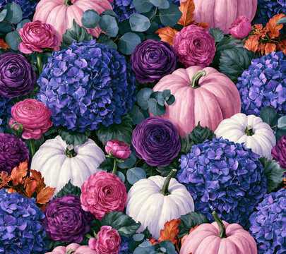 Pumpkin flower autumn pattern seamless watercolor pink purple white foliage Vibrant seamless watercolor pattern of pastel pumpkin and lush blossom with autumn leaf, romantic seasonal garden art