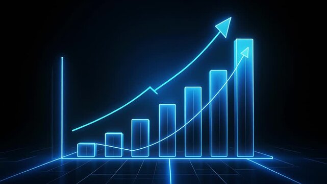 Bar chart growing with upward arrow during digital financial progress in dark background