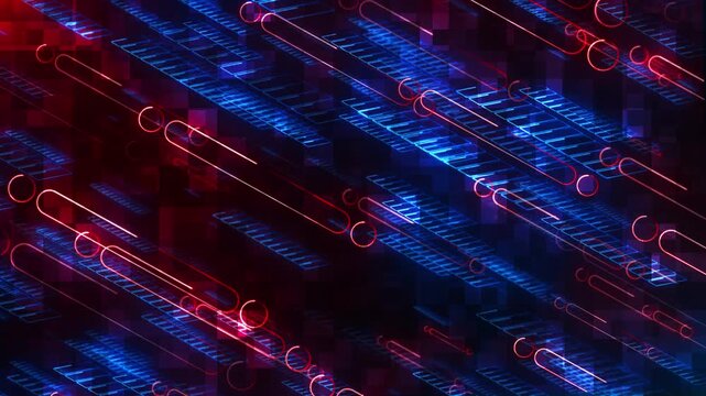 Dynamic red and blue digital circuitry moves a layered technical environment. artificial intelligence, processors, automation, cyber systems, data transfer, electronics, advanced computing.