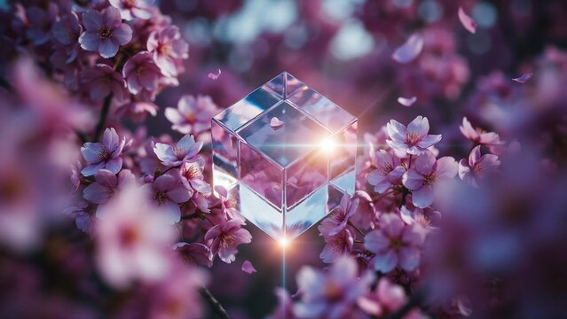 Crystal cube glowing amid blooming cherry blossoms in a magical spring fantasy landscape