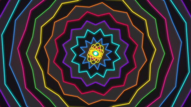 Abstract neon tunnel background with colorful geometric light waves and glowing center star