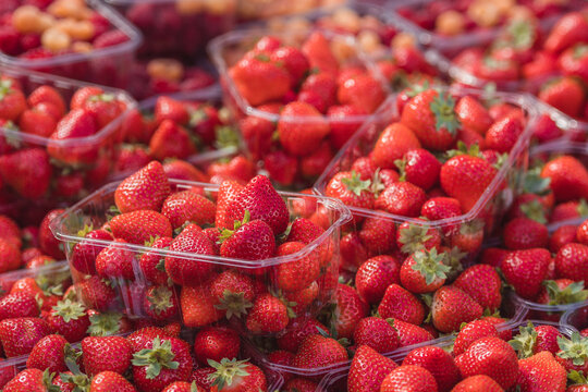 Fresh ripe big red strawberries with green leaves in a plastic container or box in fruit and vegetable street market, close up