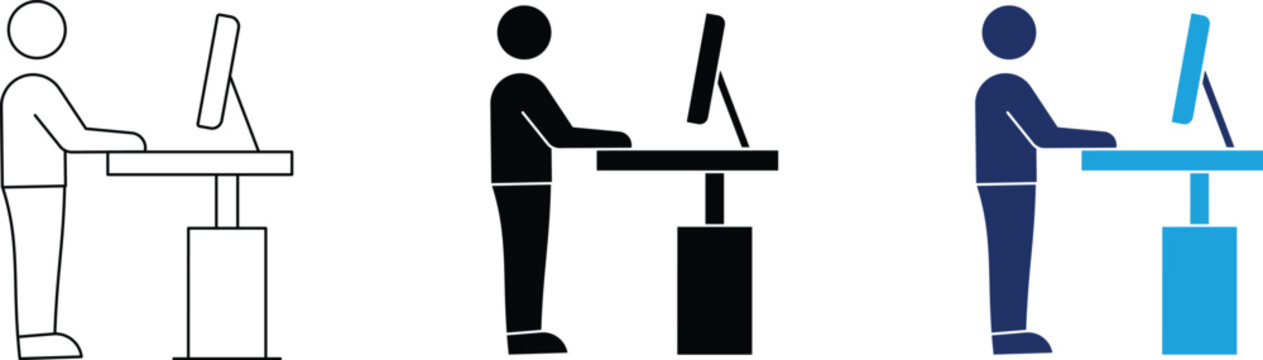 Standing desk and ergonomic workspace icon set featuring office worker at computer for health and corporate apps.