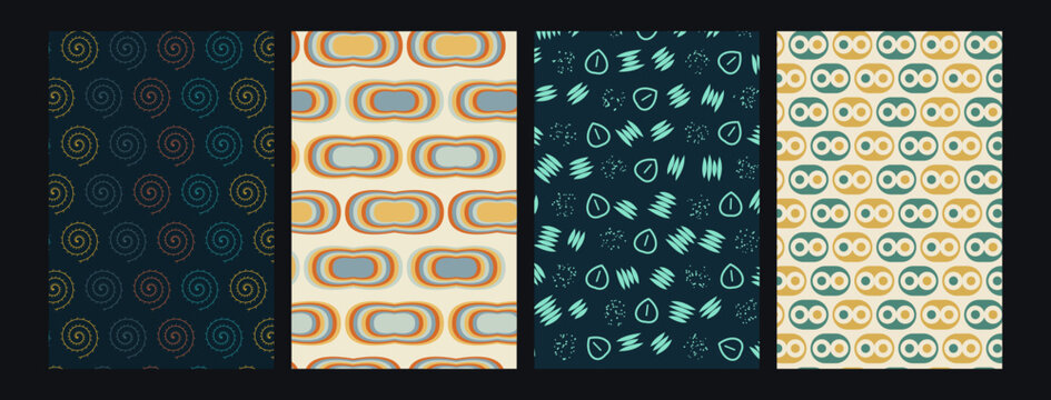 Set of four retro geometric seamless patterns featuring abstract shapes and vintage color palettes