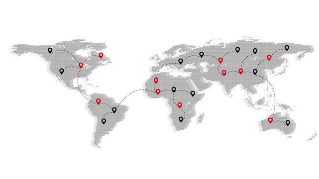 Global map animation red and black destination markers linked by dotted travel paths. Useful for transport, commerce, migration, tourism, communication, freight, export, and route planning themes.