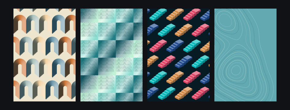 Set of four modern geometric seamless patterns featuring arches, grid scales, stairs and contours