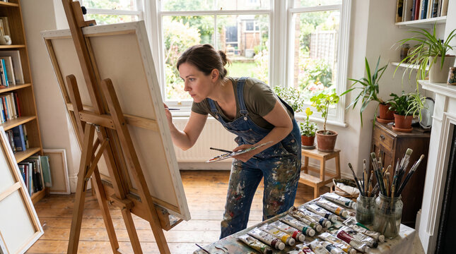 Person Painting at Easel in Bright Home Studio 