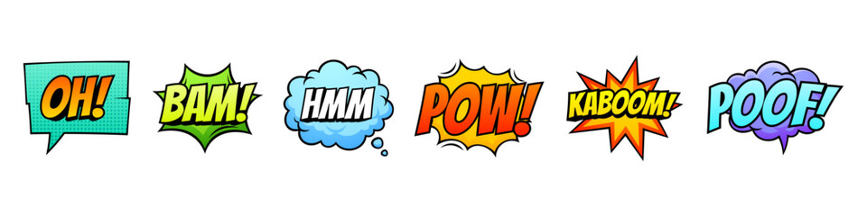 Naklejka na ściany i meble Bubble effect with comic sound pow and cartoon pop art style. Speech cloud with onomatopoeia text and colorful splash. Sticker icon element for superhero poster design with retro explosion pattern.