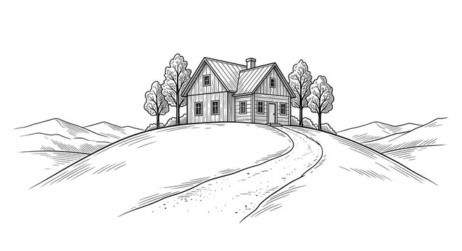 Black and white hand drawn ink sketch illustration of a rustic wooden farmhouse standing on top of a hill with surrounding trees and mountains.