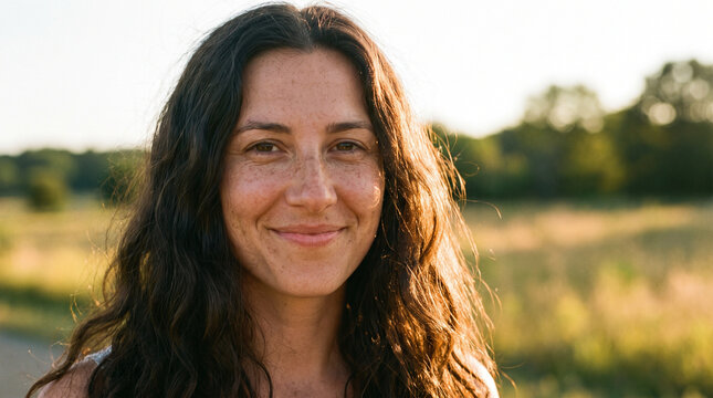 Close-up Portrait of Woman with Long Dark Hair Smiling 