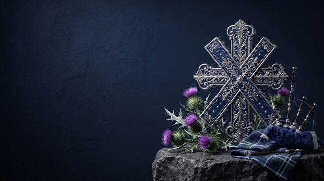 Scottish cultural composition featuring St. Andrew symbolism, thistles and tartan fabric