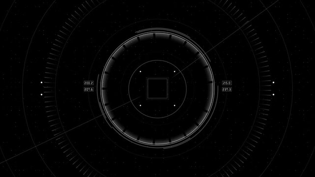 Monochrome futuristic radar display rotating circular geometry, center target, data values, precision indicators. for tactical systems, scanning, navigation, detection, defense, command, and research.