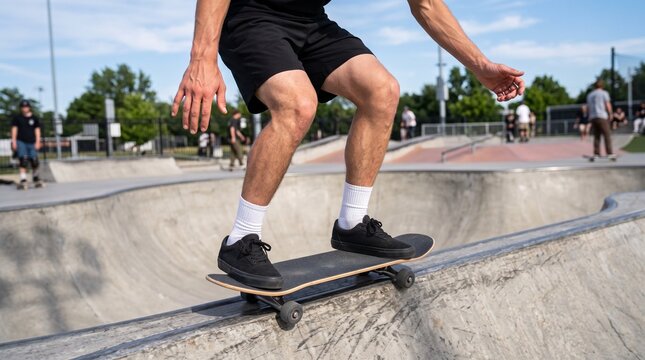 Skateboarder grinding on a concrete coping at an outdoor skatepark. Low angle action shot focusing on legs black shorts white socks sneakers and skateboard deck during a trick