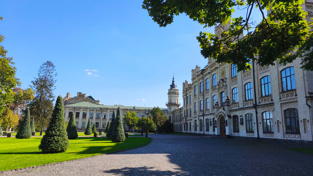 Kyiv, Ukraine, September 20, 2026 Kyiv Polytechnic Institute named after Igor Sikorsky in Kyiv, Ukraine, featuring historic architecture, landscaped grounds, conifer trees and a sunny blue sky.