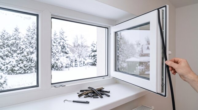 Replacing a worn black window seal on a white PVC window, with repair tools on the sill and a snowy winter landscape outside, representing window maintenance, draft prevention, home energy efficiency