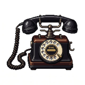 Vintage black rotary telephone pixel art game asset 2K retro communication device high resolution icon isolated on white background