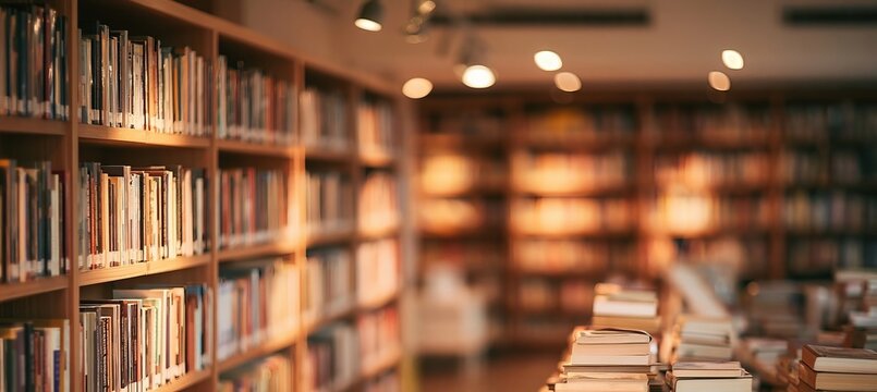 Vintage Library Room Interior Background Featuring Blurred Wooden Bookshelves And Stacks Of Books