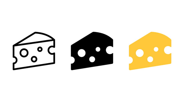 Cheese icon design set featuring wedge symbols in outline solid and yellow color styles