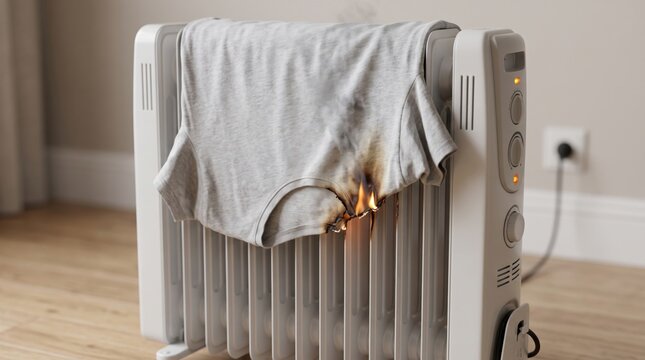 Clothing catching fire on an electric radiator, illustrating household fire hazards, unsafe drying practices, heating accidents and home safety risks during winter