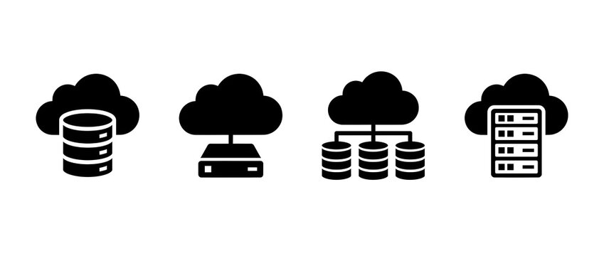 cloud data storage vector icon set featuring database drive and server unit symbols on white background for enterprise hosting banner