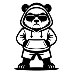 Cool panda mascot wearing hoodie shorts and sunglasses, black and white streetwear cartoon character illustration © Sadia