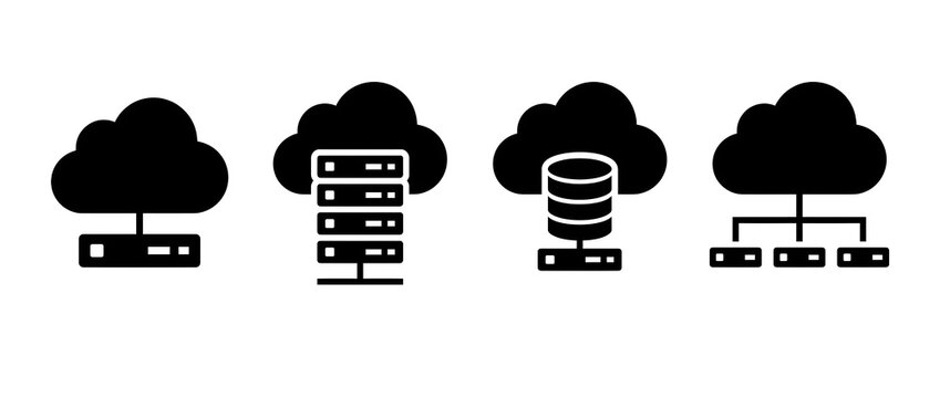 cloud server vector icon set featuring database storage network hosting symbols on white background for technology and it infrastructure