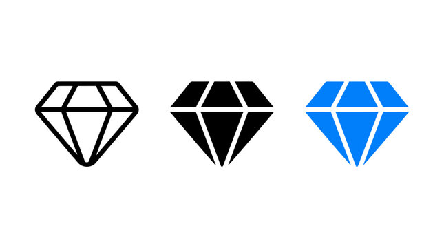 Set of Diamond Vector Icons in Outline, Solid Black, and Blue Gemstone Style Variations