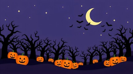Fototapeta premium Halloween spooky forest background, glowing jack o lantern pumpkin patch, purple night sky with moon and bats, creepy autumn holiday backdrop