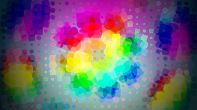 Vibrant abstract background with colorful glowing shapes and halftone pattern in rainbow colors