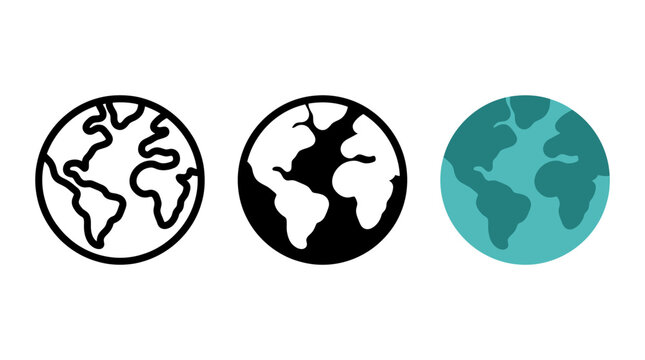 Planet earth globe icon set in outline, solid silhouette, and flat color vector styles