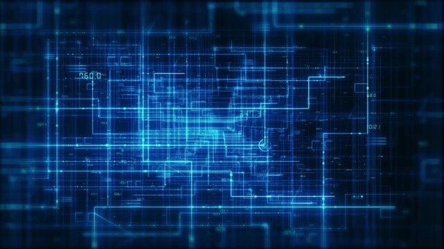 Futuristic circuit interface blue data paths, numeric readouts, grid structures and glowing connections. Useful for processors, cloud computing, robotics, networks, software and technical systems.