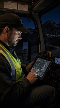 Maintenance technician using tablet in utility vehicle cab at night