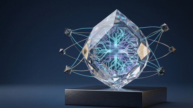 Diamond shaped glass crystal processor on metallic pedestal with orbiting nodes