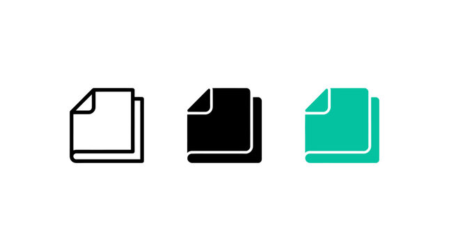 Set of Three Paper Sheet Icons Featuring Minimalist Outline Glyph and Flat Fill Variations