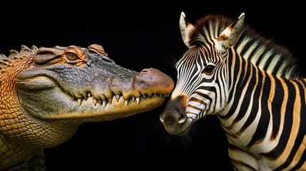 Fototapeta premium A Close Up of an Alligator Standing Together with a Zebra in Artistic Wildlife Nature Portrait.